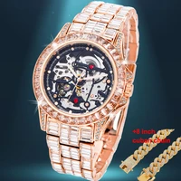 iced out watch set cuban chain aaa diamond mechanical mens watches skeleton tourbillon automatic watch rose gold montre homme