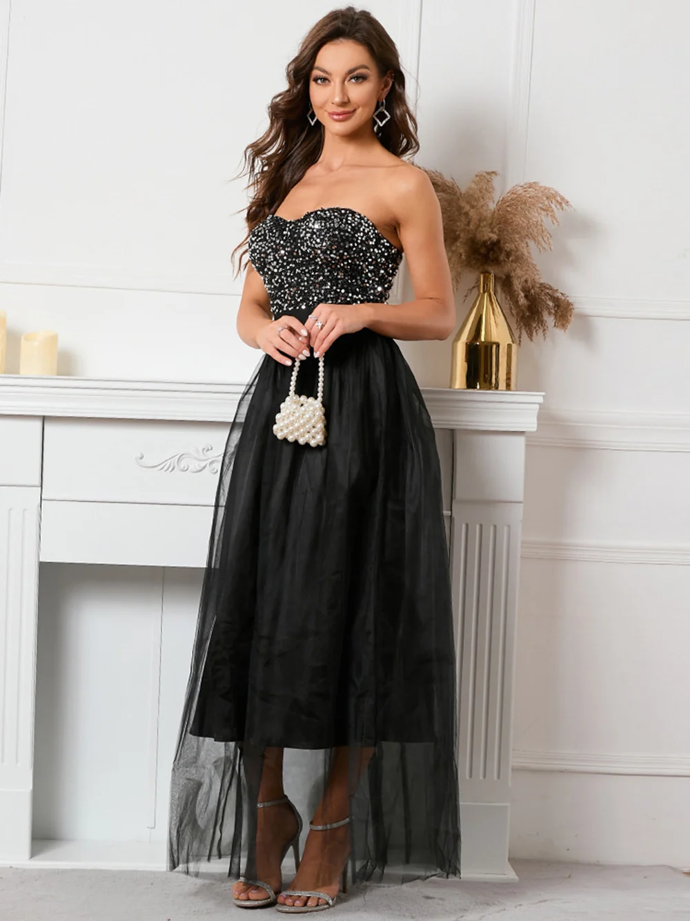 Sparkly Black Prom Dress Strapless Tulle A-Line Short Evening Dress Robe de soiree Wedding Party Dress Cocktail Dress
