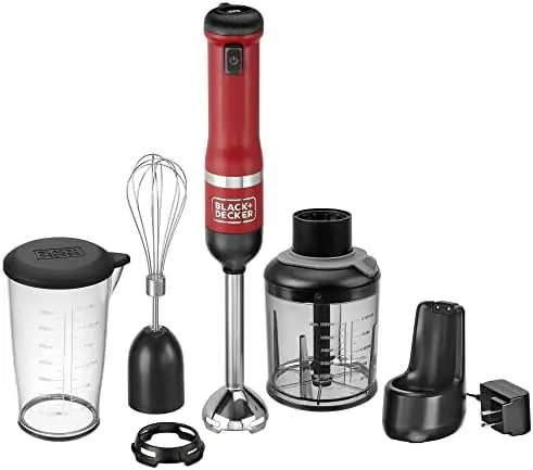 

Wand Cordless Immersion Blender, 3 in 1 Multi Tool Set, Hand Blender with Charging Dock, Whisk, and Chopper, Red (BCKM1013K06)