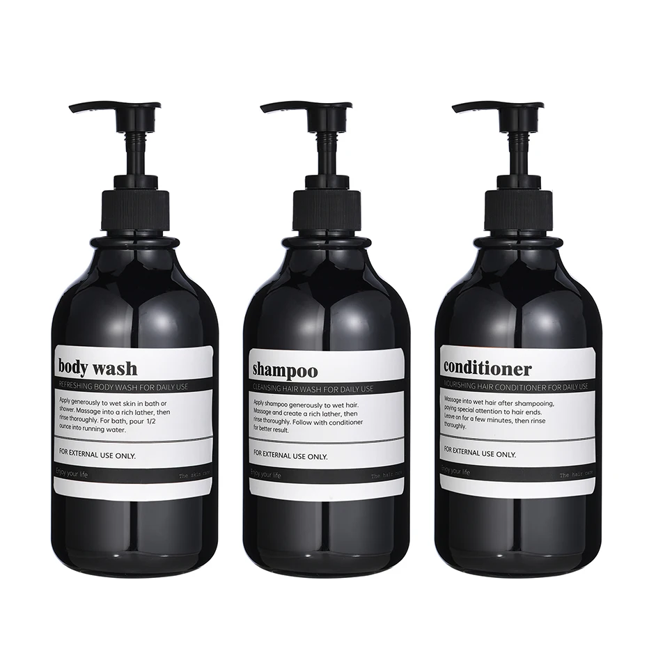

Shower Refillable Plastic Shampoo Pump Bottles Shampoo Conditioner Soap Dispenser with Waterproof Label for Hotel Bathroom