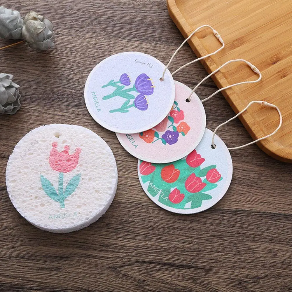 

3pcs Magic Cleaning Sponge Cartoon Flowers Compressed Pads Pulp Oil Scouring Non-stick Rag Wood Tools Kitchen Dishwashing Tool