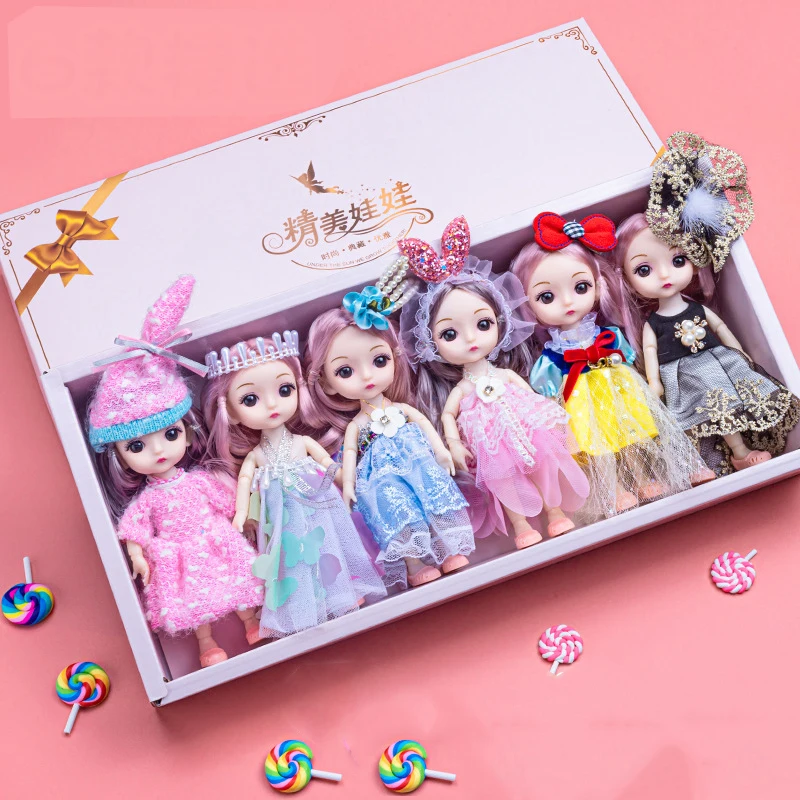 

6pcs/Set 13 Movable Jointed Princess Dolls Toys Mini 16cm 1/12 BJD Doll Girls Toys 3D Eyes Makeup Dolls with Clothes