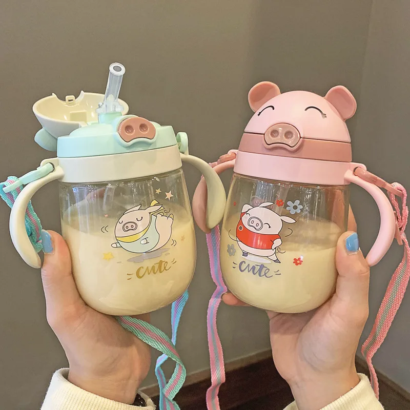 

350ML Cute Pig Cartoon Water Bottle For Kids Kindergarten Boys Girls Children Drinking Cup With Straw Shoulder Strap Sippy Cups