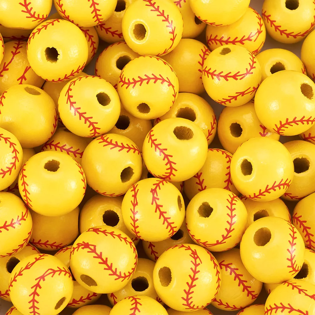 100Pcs Dyed Wood Beads Round With Baseball Pattern Spacer Beads Handmade For Men Women Jewelry Making Sport Theme Supplies