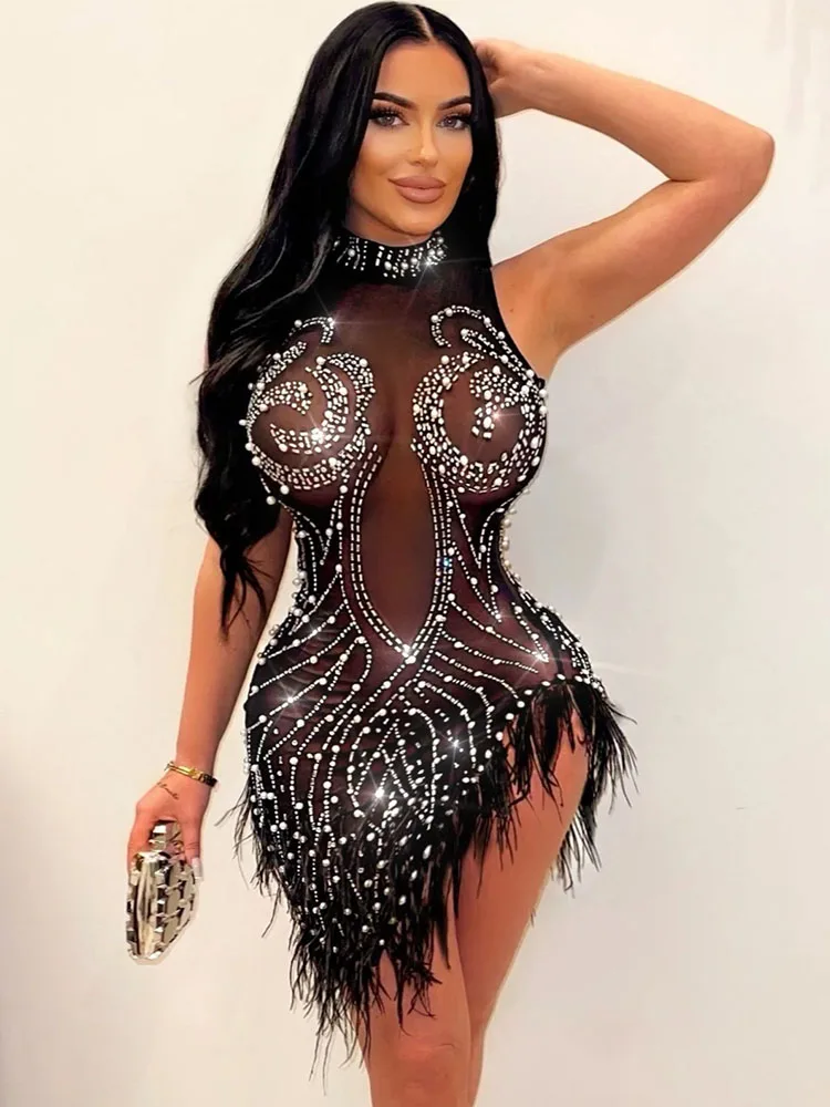 

Sexy Mesh Beaded Rhinestone Feather Prom Mini Dress Women Club Outfits Asymmetrical Sleeveless Party Nightclub Bodycon Dresses