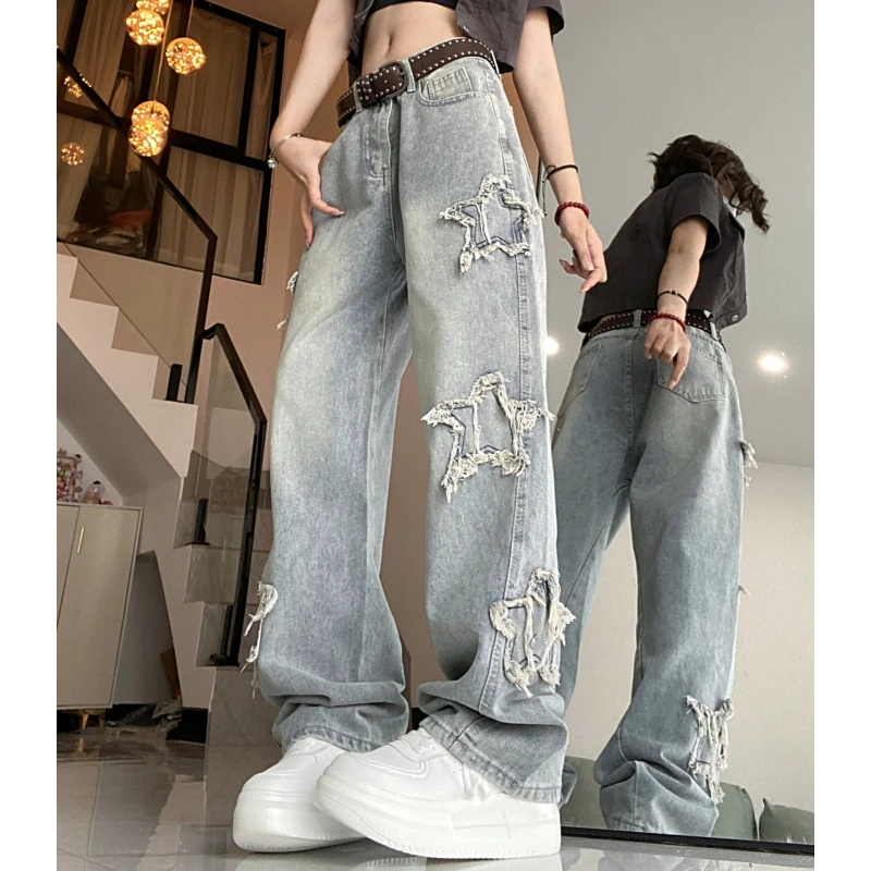 

Women Blue Jeans Star Y2K High Waist American Streetwear Wide Leg Pants Fashion Vintage Straight 2023 Summer Female Trouser