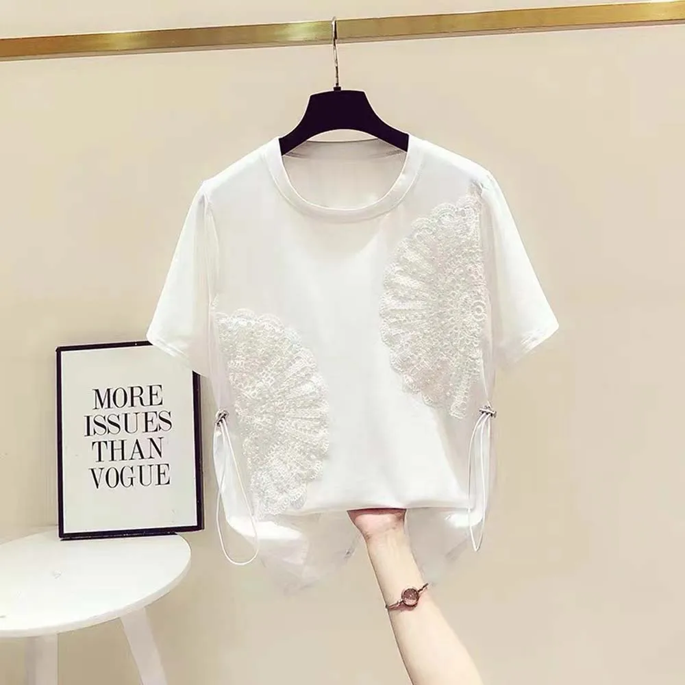 

2022 New Retro Embroidered Summer Casual Tops Round Neck Solid Color Short Sleeve Elegant Chic Ladies Clothing Loose Cotton Top