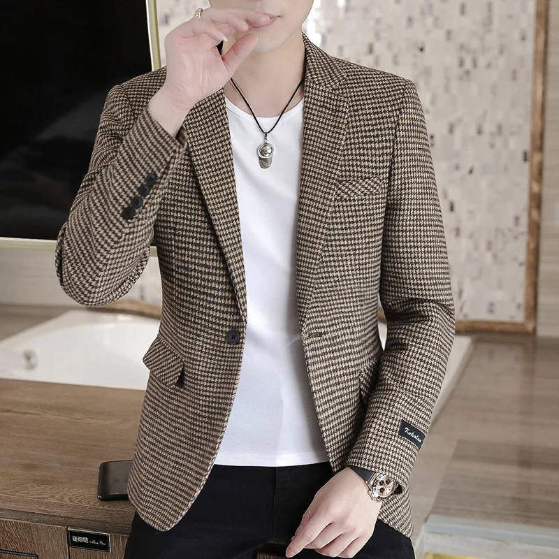 2022 Brand Men Blazer Personality Wild Men's Suit Jacket High Quality Fashion Plaid Print Slim Fit Warm Blazer Coat Male S-3XL
