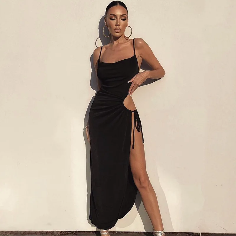 

Split Bodycon Maxi Dress Women Fashion Spaghetti Strap Hollow Out Sexy Dress Bandage Hot Party Night Club Outfits 2023 Spring