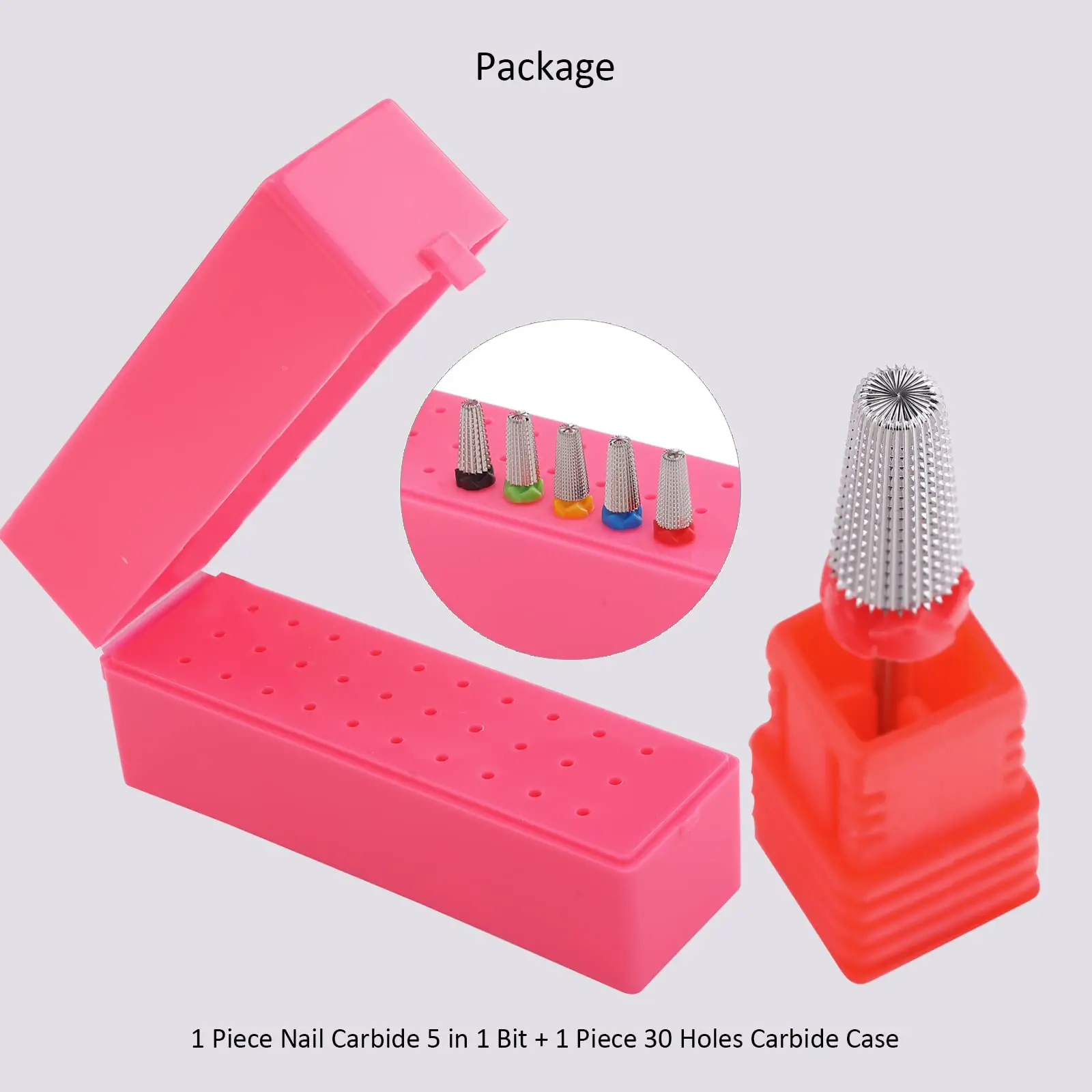 Tungsten Nail Drill Bits 5 In 1 Milling Cutter with 1 pcs Nail Bit Holder 30 Holes Storage Pink Durable Manicure Accessories