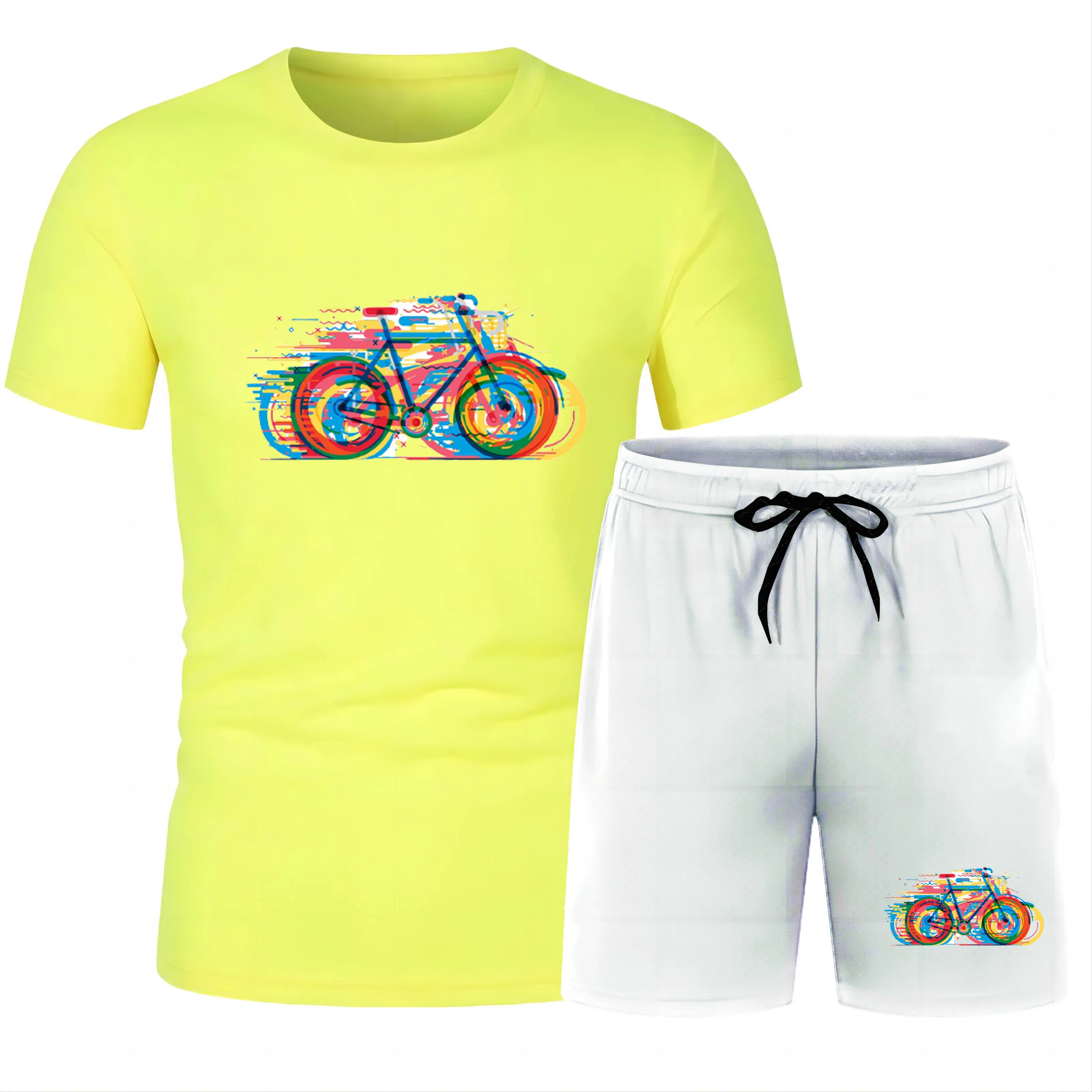 Four Seasons Fashion Outdoor Sports Casual 2d Printed Cycling Men'S Crewneck Short Sleeve Beach Pants T-Shirt Set Loose