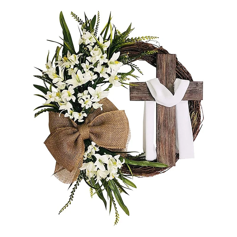 

Easter Wreath Door Hanging Decoration With Cross, Bouquet Garland For Front Door Decor, Simulation Plant Flower