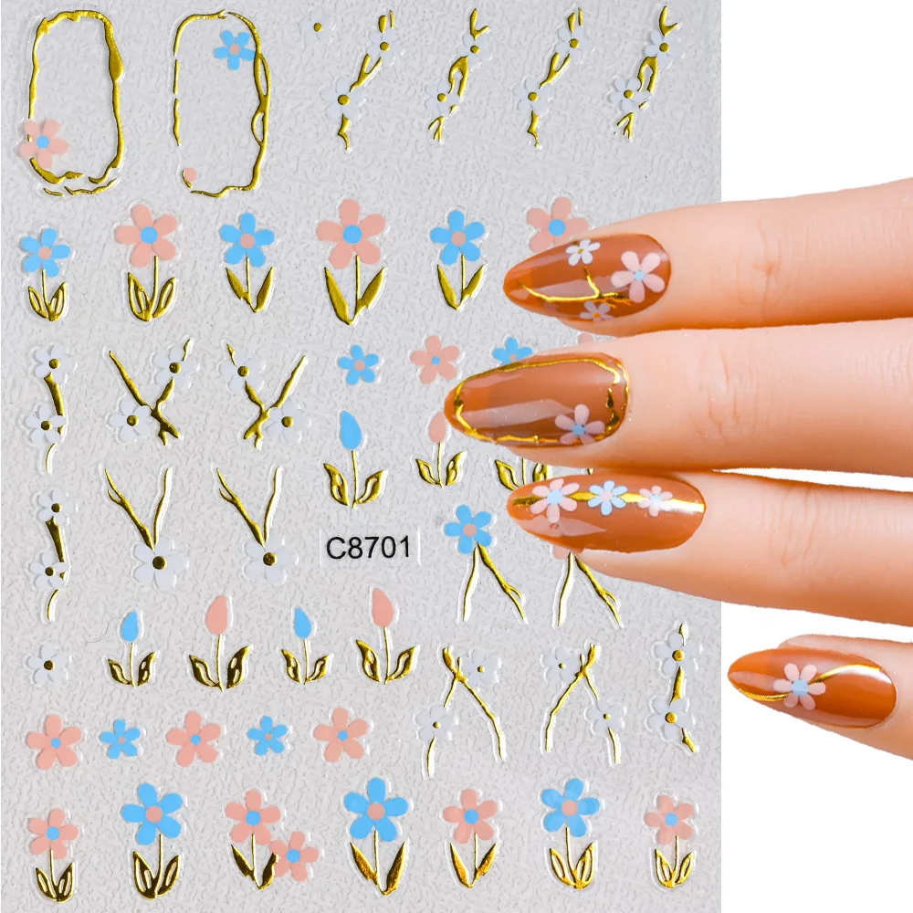 3D милые розовые синие мини-наклейки для ногтей с цветком 1/4 шт. золотая линия