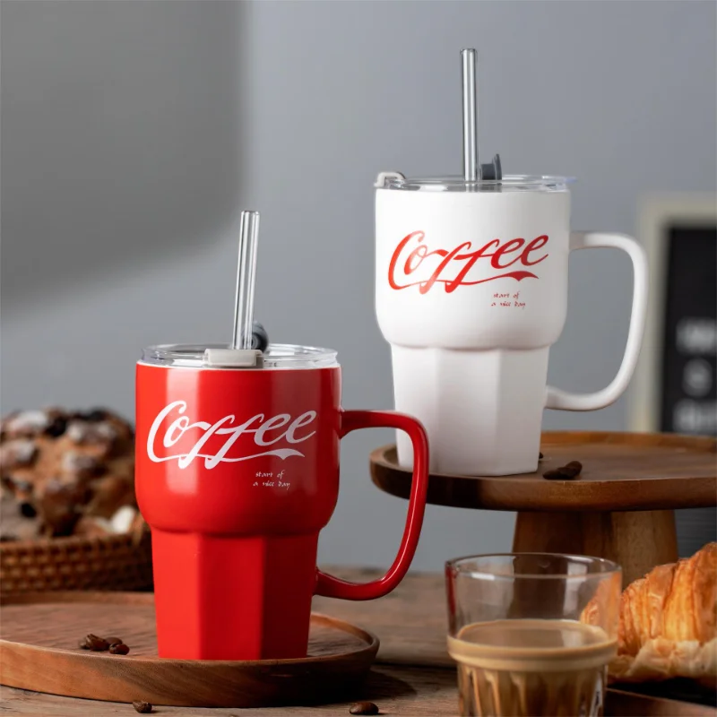 

Ceramic Mugs Coffee Cup with With Lid and Straw Office Water Thermal Mug Tumbler with Handle Prime Drinkware for Friends Gifts