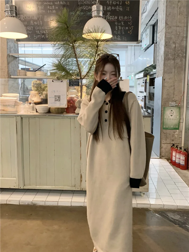 Design Contrast Color Polo Collar Knitted dress Women Temperament New Winter Casual Loose Soft Glutinous Sweater Long dress