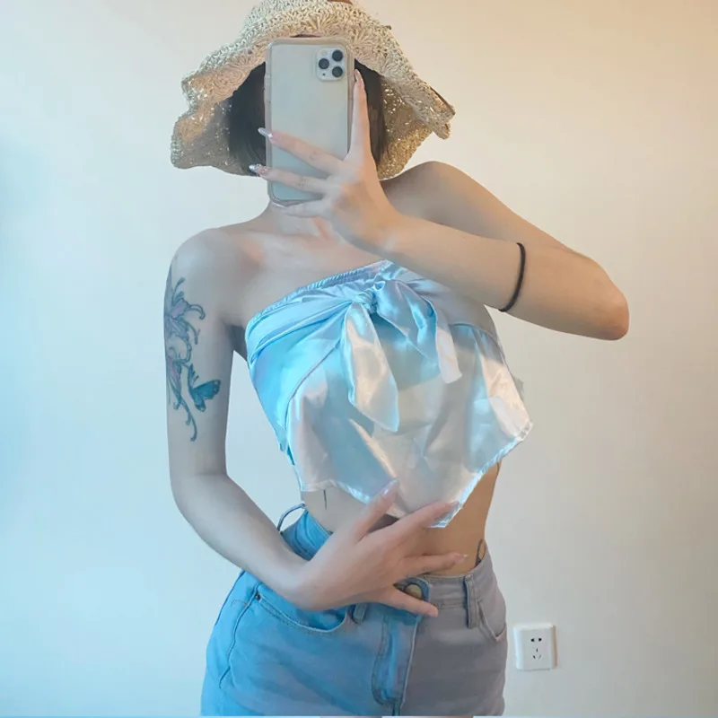 

WOMENGAGA Spice Girls Fashion Sexy Backless Summer Short Bow Strapless Triangle Top Woman Korean Kawaii Tops Tank MS0S