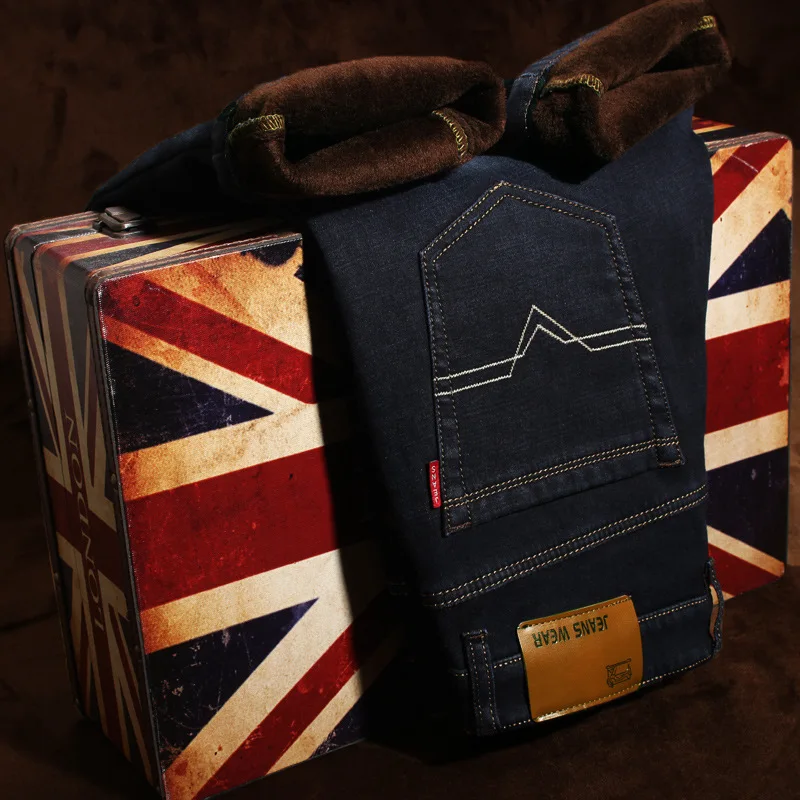 Men's Warm FleeceJeans Business Fashion Winter Plush Thick Denim Trousers Male Elastic Loose Casual Straight Pants Plus Size