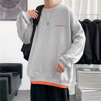 new hoodie sweatshirt long sleeved fake two piece mens loose pullover round neck mens t shirt bottomed coat mens clothing