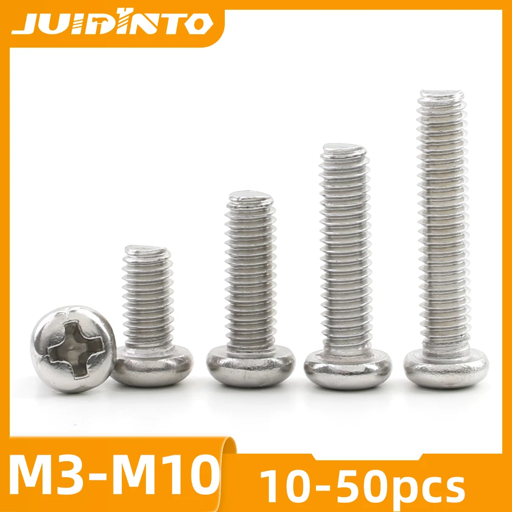 

JUIDINTO 10-50pcs Cross Pan Head Screw M3 M4 M5 M6 Stainless Steel Round Head Phillips Screw for automotive,headlights