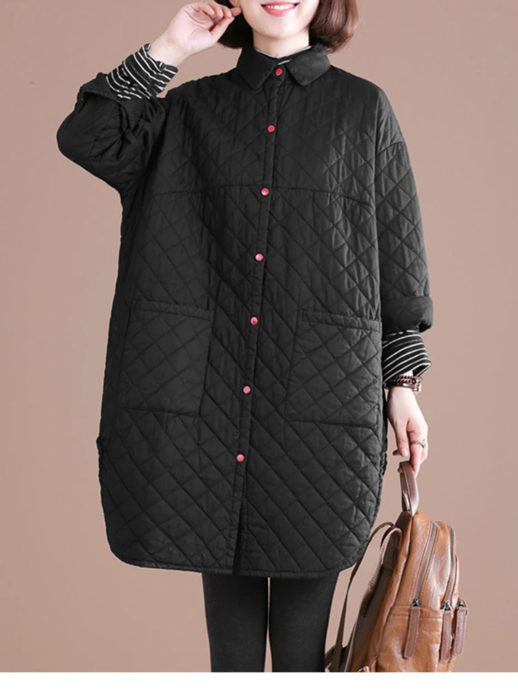 Jackets for Women 2022 Black Plaid Long Sleeve Coat Winter Clothes Women Vintage Loose Warm Parkas Oversize Quilted Coats Female enlarge