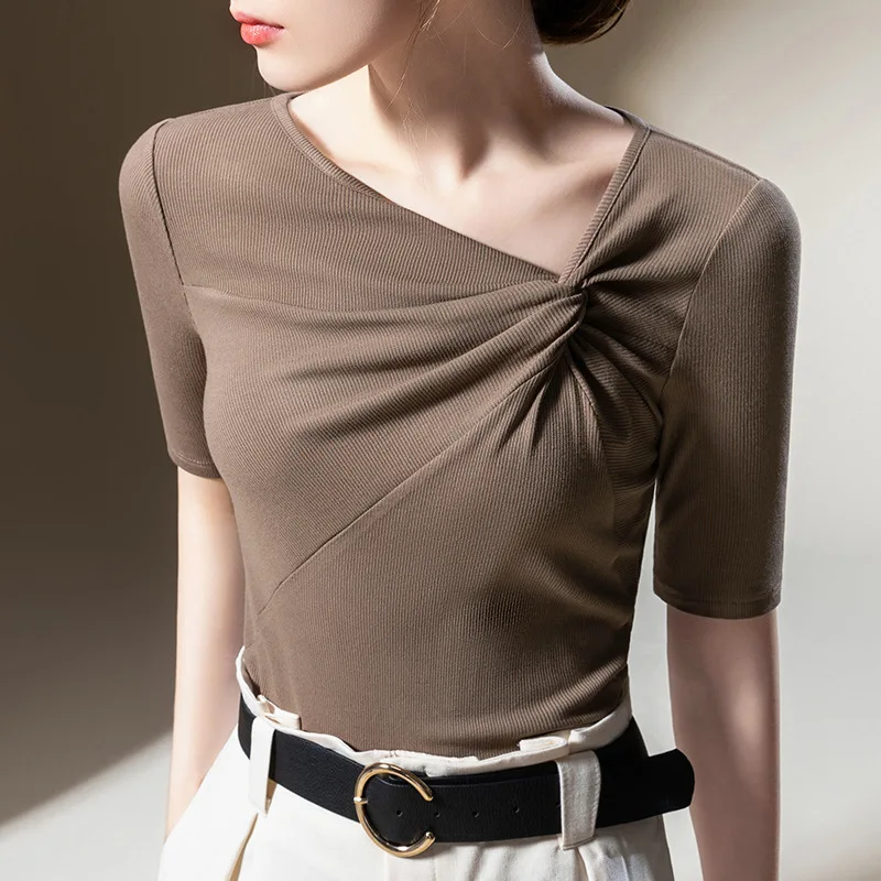 

2023 New Summer European Clothes Solid T-Shirt Women Fasion Sexy Skew Collar Draped Tops Half Sleeve Pullover Slim Tees 37069