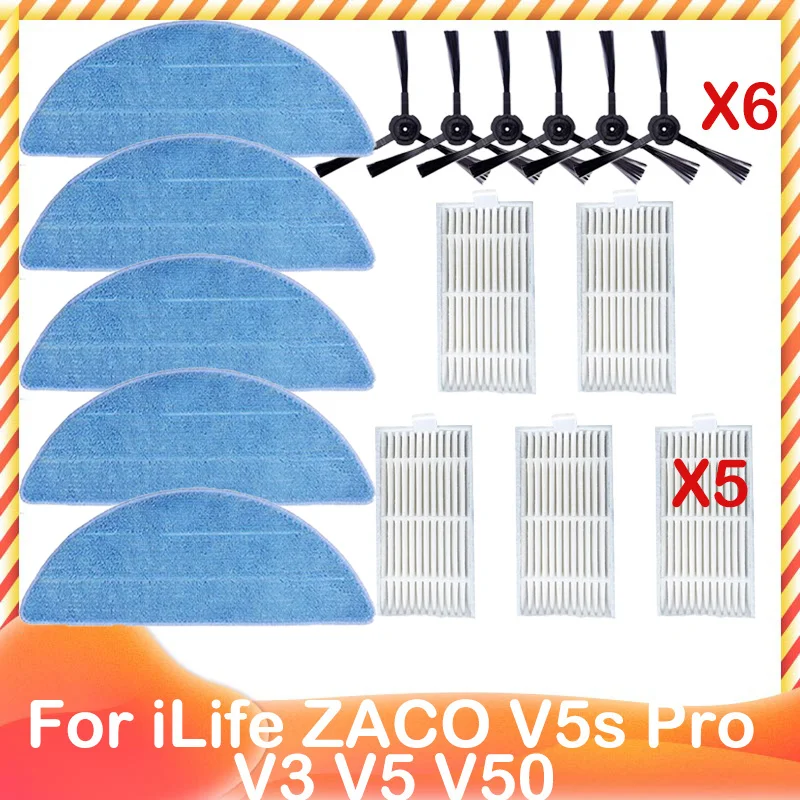 

For iLife ZACO V5s Pro V3 V5 V5s V3s V50 X5 Spare Side Brush HEPA Pre Filter Mop Cloth Robot Vacuum Cleaner