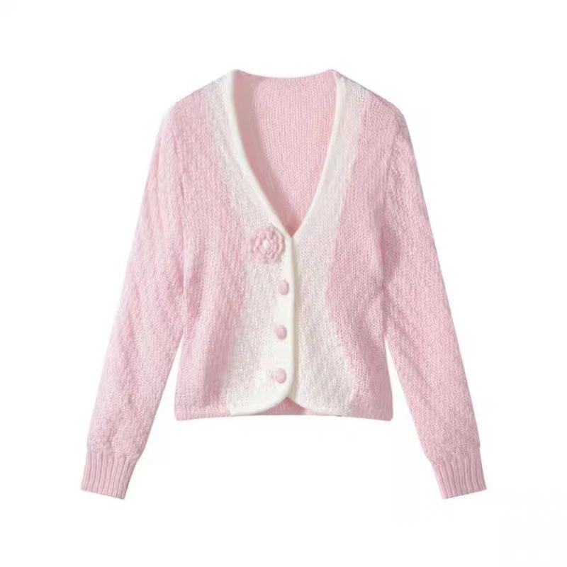 

Модный вязаный розовый короткий кардиган с V-образным вырезом, женский свитер с трехмерными цветами на весну и осень, шерстяной свитер