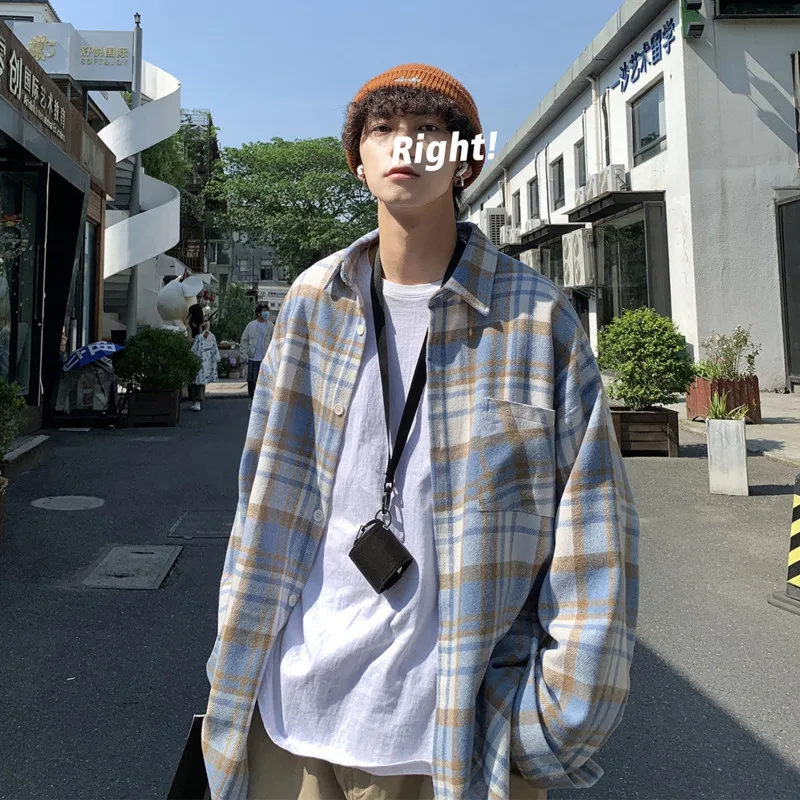 Autumn Thicken Woolen Shirt Men Fashion Retro Casual Plaid Shirts Mens Streetwear Korean Loose Long-sleeved Shirts Men M-2XL