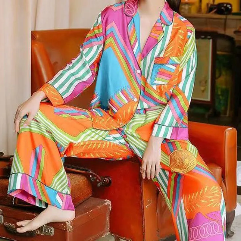 New Plant Print Satin Pajamas Set Women's Home Wear Long Sleeve Elastic Waist Temperament Sleepwear Two Piece Pajama Set