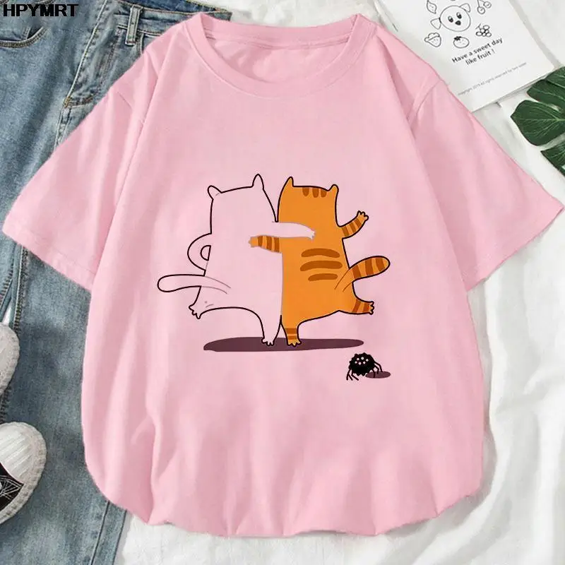 

Новая летняя футболка в стиле Харадзюку, женская футболка, модная футболка с принтом милого кота и коротким рукавом, уличные топы, футболка, ...