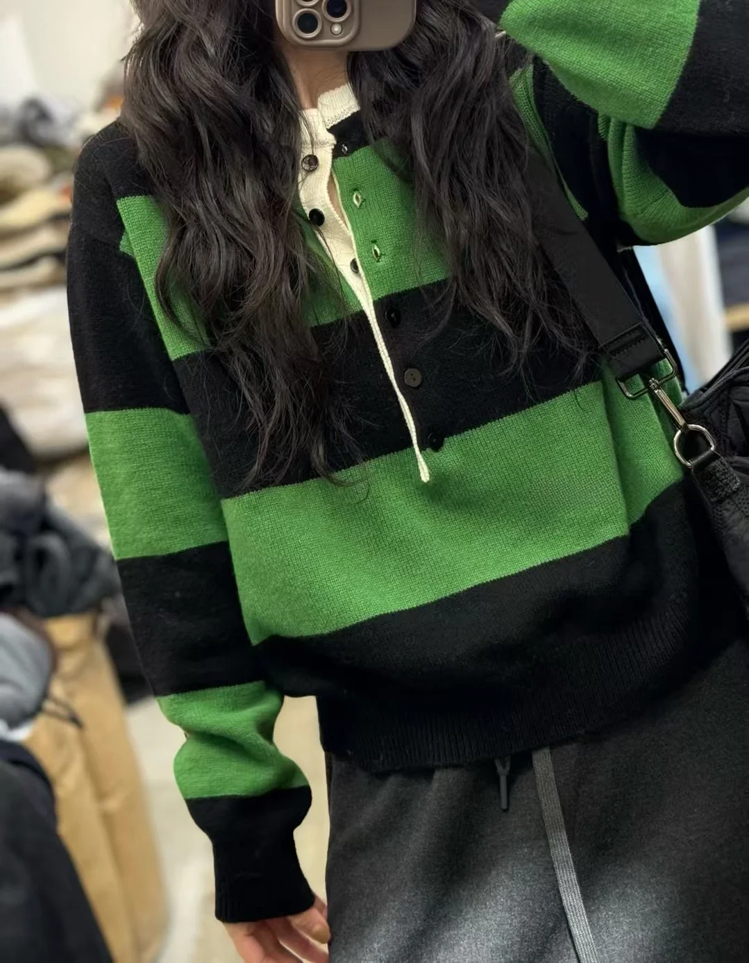 Korean Real Shot 2024 Winter New Western Sle Slimming round Neck Half Buckle Contrast Color Wide Stripe 00% Wool Knit Sweater