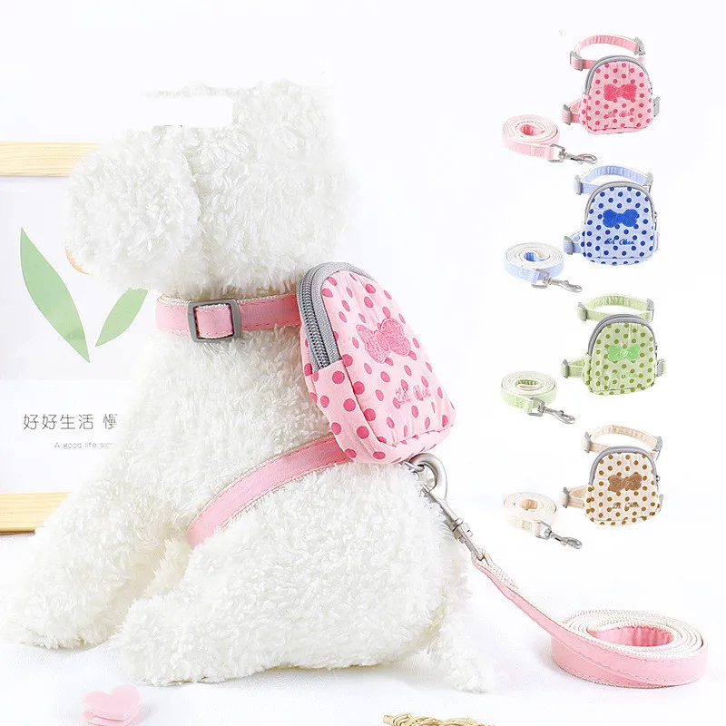 

Cute Pet Dog Cat Harness with Backpack Medium Small Dog Lead Walking Running Training Leashes Dogs Chest Strap Dot Pattern Vest