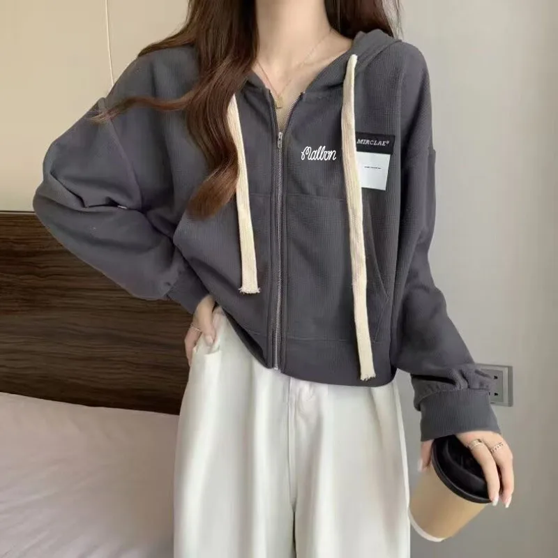 

Hooded short golf sweater coat spring and autumn thin loose lazy style versatile golf zipper top street simple trend