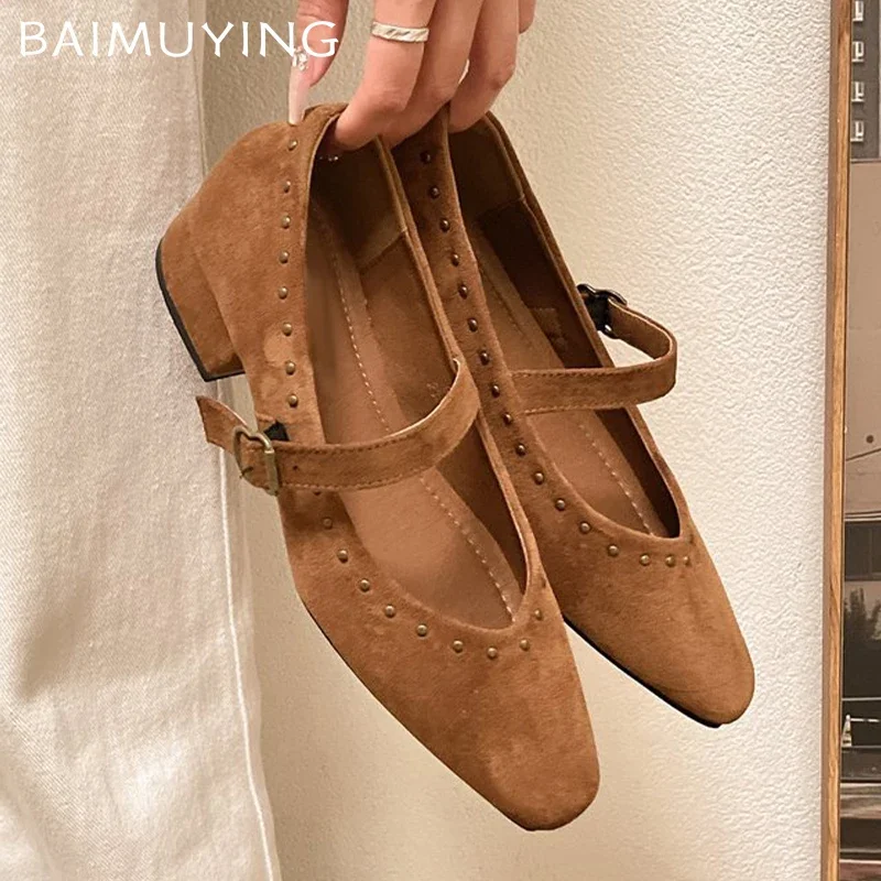 Женские туфли на среднем каблуке замшевые туфли-лодочки с квадратным носком