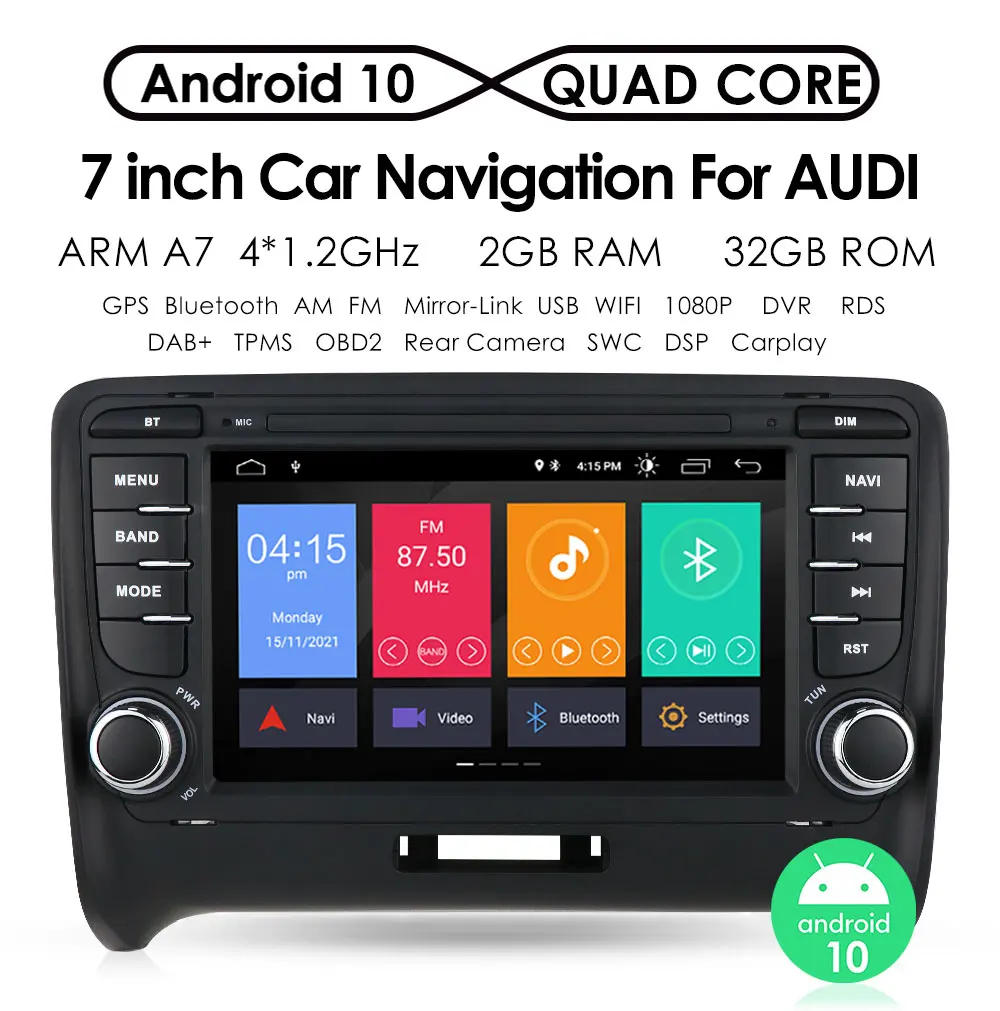 Автомагнитола мультимедиа 2DIN Android 10 для Audi TT MK2 2006 -2014 Carplay видео GPS навигация RDS Wi-Fi