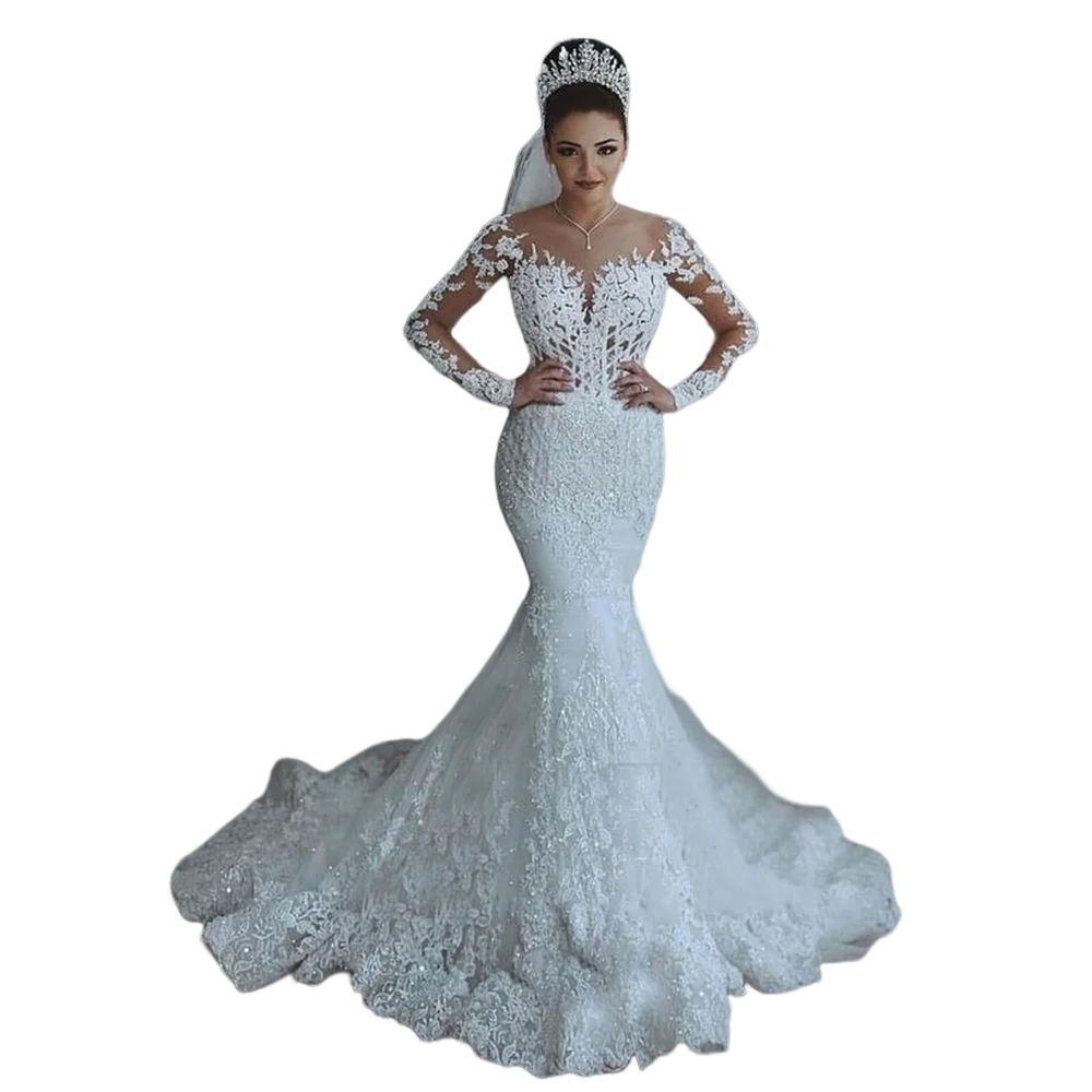

Luxury Shinny Lace Appliques Mermaid Wedding Dress with Detachable Train African Marriage Formal Long Sleeves Bridal Gowns