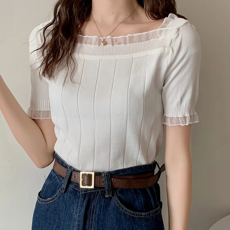 

Korean Fashion Knitted Tops 2021 Female Chic Short-sleeve Lace Elegant Square Collar T-shirts Women Summer Tees Solid Color