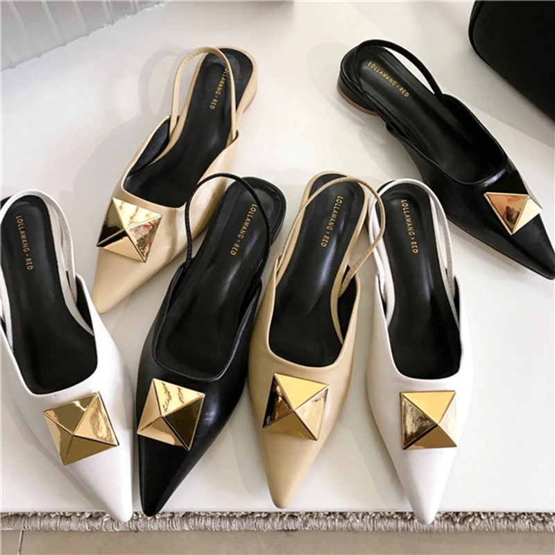 

2022 Fashion Low Heel Pointed Toe Slip On Women Slingback Shoes Brand Big Rivet Elegant Ladies Dress Sandal Shoes Casual Mules