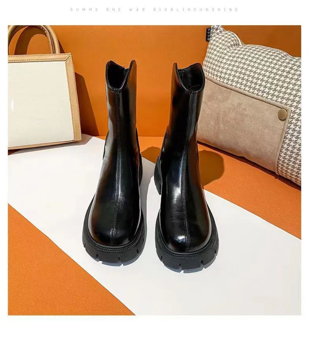 

Женские Классические ботинки челси на платформе, повседневные Нескользящие ботинки на толстом каблуке, с круглым носком, на молнии, высокий каблук