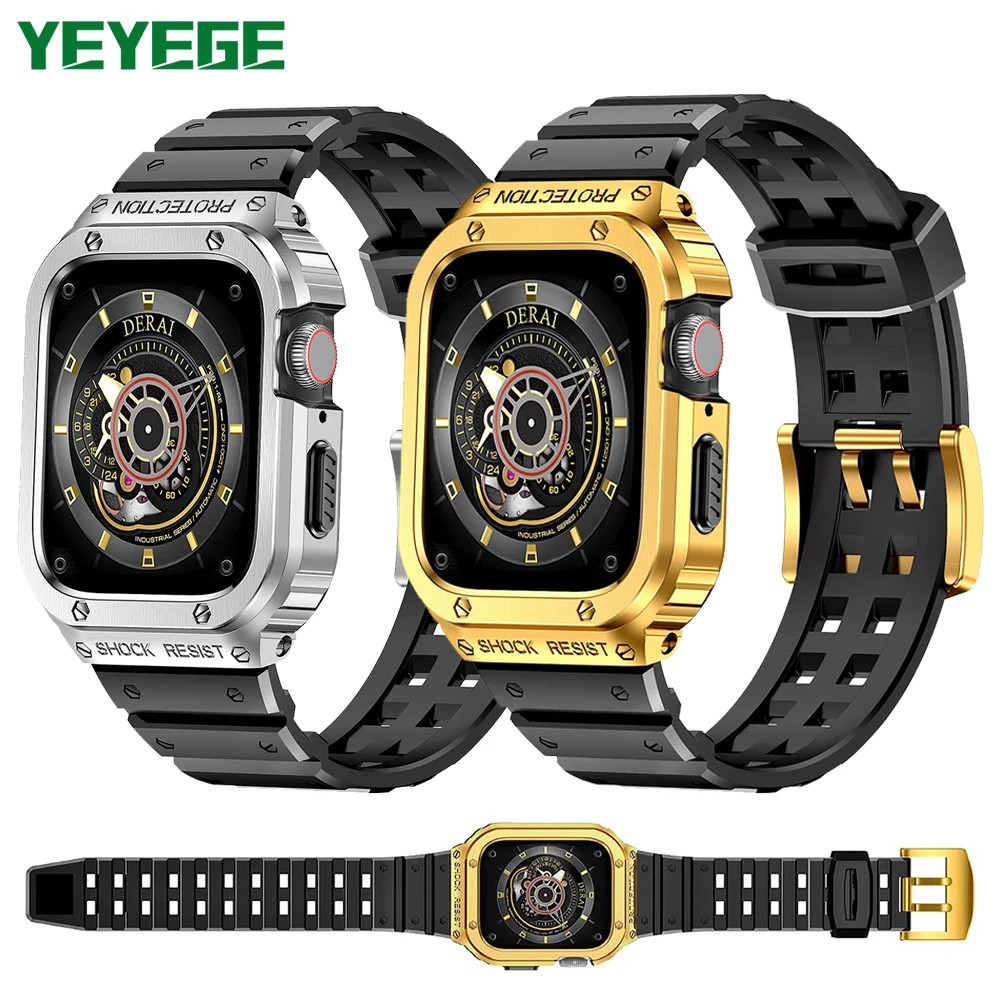 

Stainless Steel Case Silicone Strap For Apple Watch Band 45mm 44mm Metal Bezel Watchband Bracelet For iWatch Series 8 7 4 5 6 SE