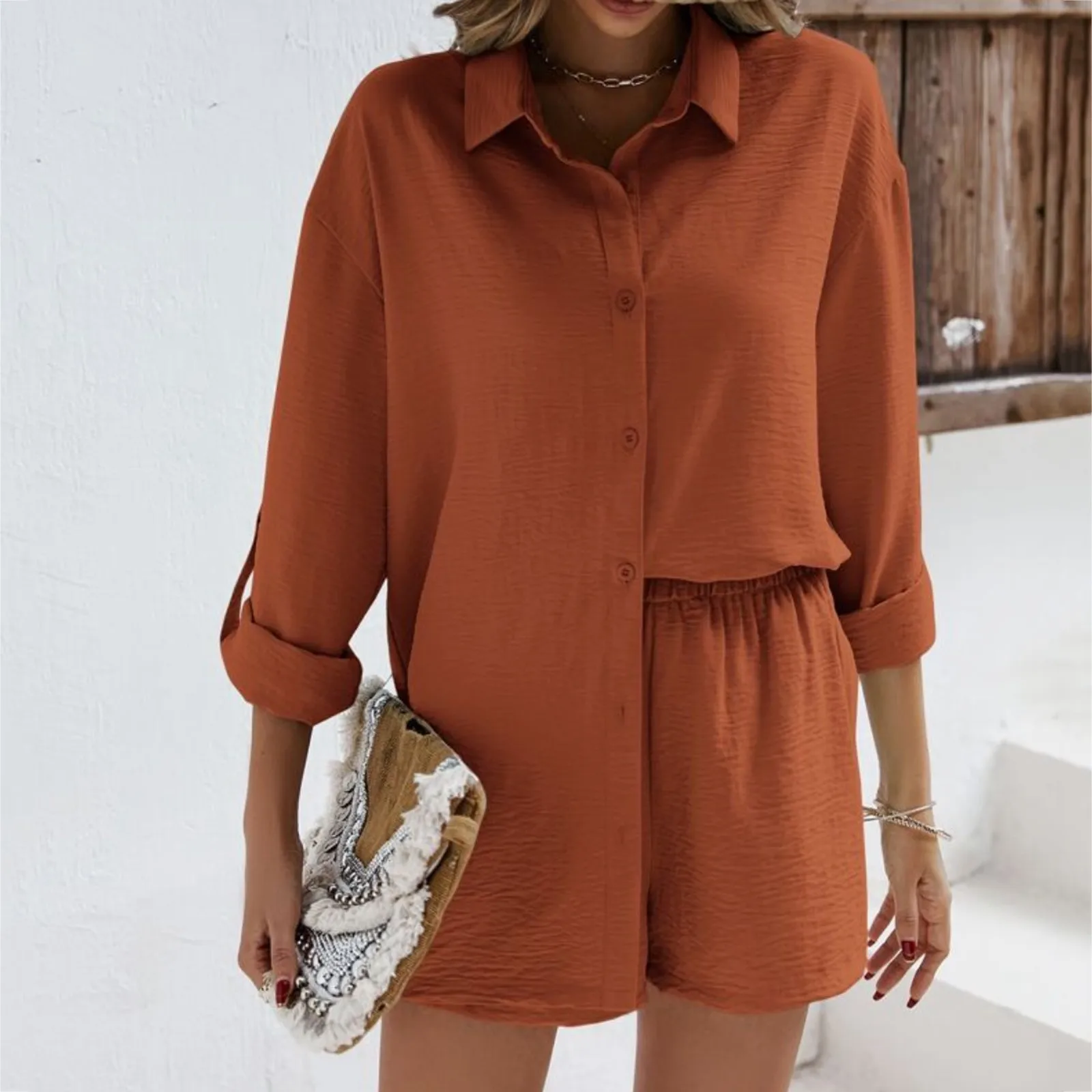 

Женская однотонная весенне-осенняя однобортная рубашка из хлопка и льна с коротким рукавом шорты с коротким рукавом непринужденный Модный повседневный комплект