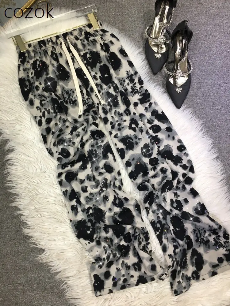 

European Heavy Hot Drilling Trousers Women's Sexy Leopard Print High Waist Chiffon Wide Leg Pants 2023 Summer Casual Pants Lady