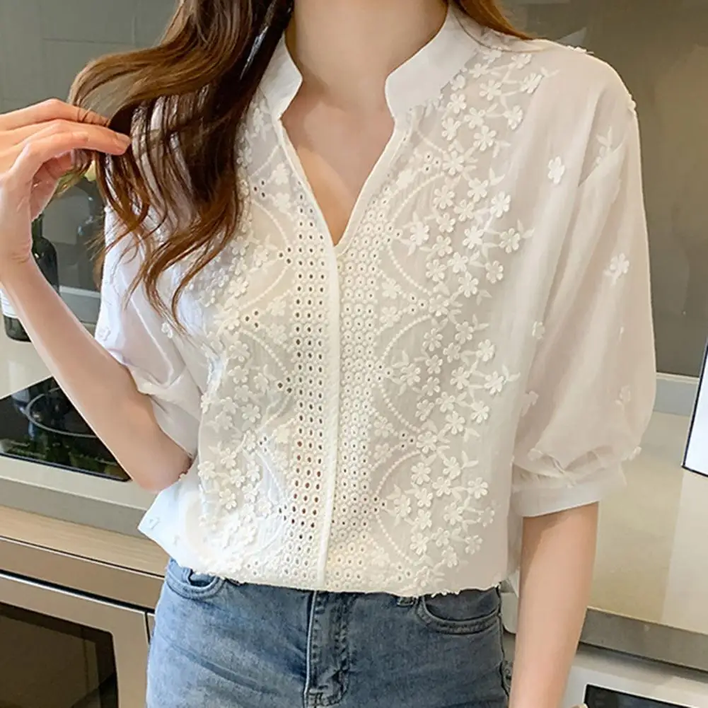 

Blouse Women Puff Half Sleeve V Neck Flower Jacquard Decor Women Shirt Casual Lace Hollow Out Elegant Shirt Tops Women 2022