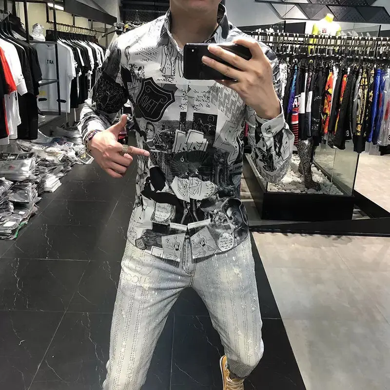 Men's Fashion Shirt Spring and Autumn 2022 New Fashion Brand Personality Printing Slim Sleeve Shirt