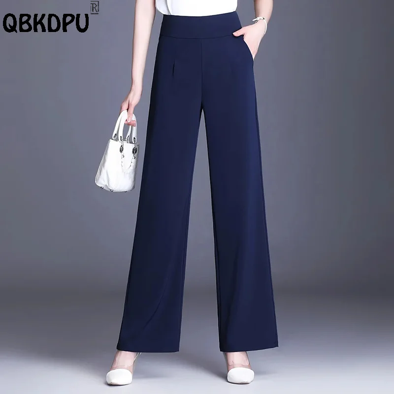 

Elegant Blue High Waist Wide Leg Pants Women Summer Back Zipper Thin Baggy Pantalones OL Office Lady Mother's Straight Trousers