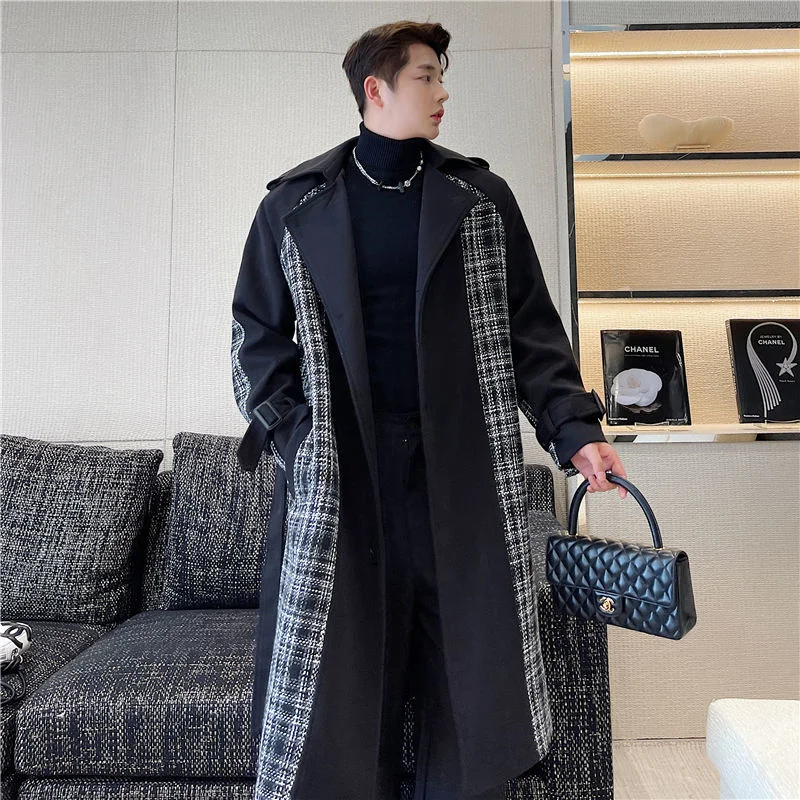 

2023 Men's Autumn Winter Trendy Elegant Checked Patchwork Woolen Coat Trench Luxury Asymmetric Tweed Overcoat Windbreaker