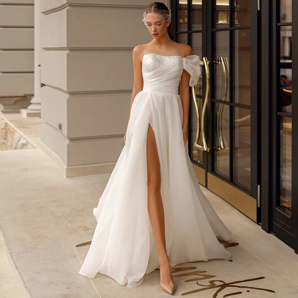 

Tulle One Shoulder A-Line Wedding Dresses for Women 2022 Bridal Gowns High Side Split O Neck Illusion Beading Vestidos De Novia