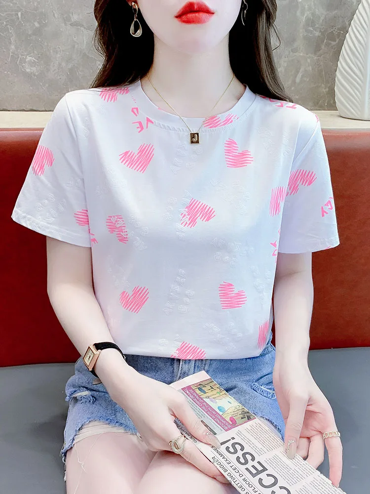 White Pure Cotton Loose Short Sleeve T-Shirt Women's 2025 Summer Slish T-shirt Heart Printed All-Matching Anti-Aging Top |