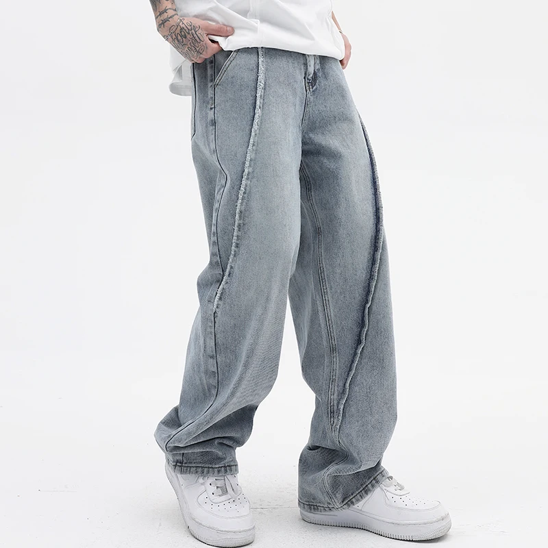 Irregulat Striped Washed Retro Wide Leg Jeans Pants Men and Women Vibe Style Straight Hip Hop Loose Denim Trousers