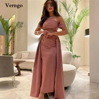 verngo dusty pink satin long evening dresses off the shoulder pleats overskirt ankle length arabric women formal prom dress
